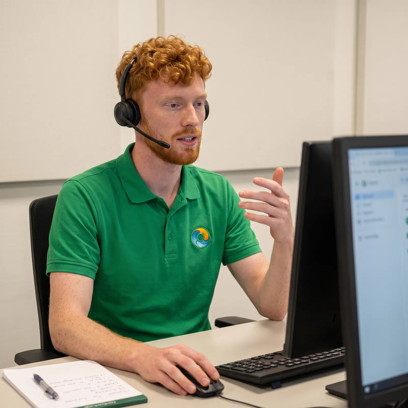 Adviseur van ComfortGids met een headset in gesprek achter zijn scherm