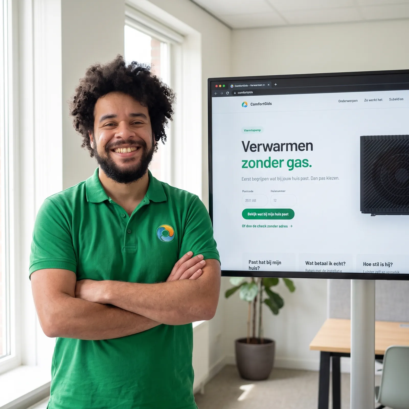 Adviseur van ComfortGids bij een scherm met de site