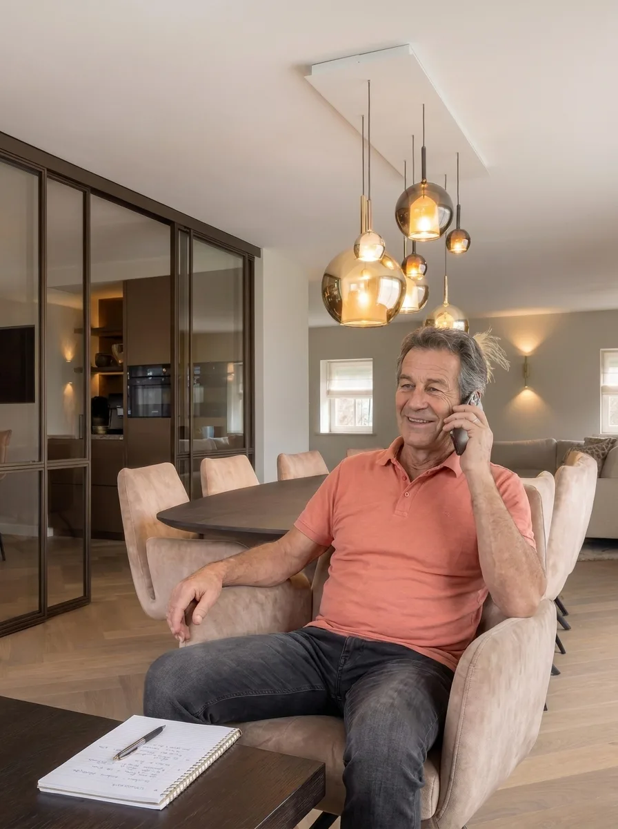 Bewoner belt ontspannen vanuit zijn stoel in de woonkamer, met de lampen aan