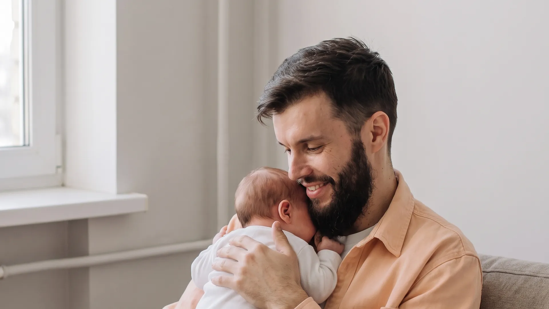 Vader op de bank met zijn slapende baby tegen zijn schouder