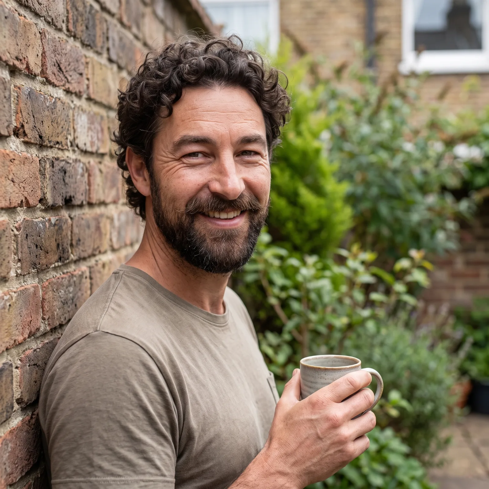 Bewoner met een kop koffie tegen de gevel van zijn huis