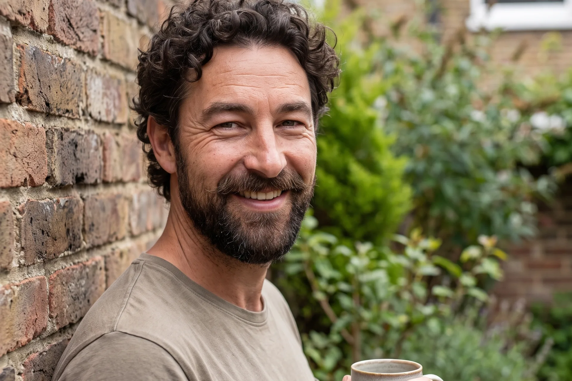 Bewoner met een kop koffie tegen de gevel van zijn huis