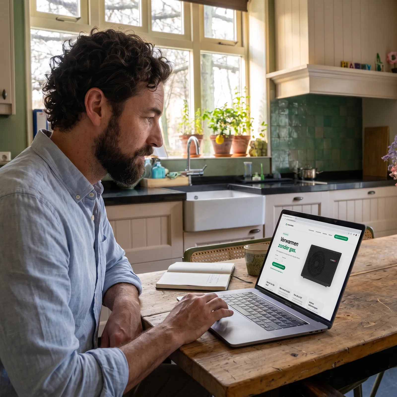 Bewoner aan de keukentafel met de website van ComfortGids op zijn laptop
