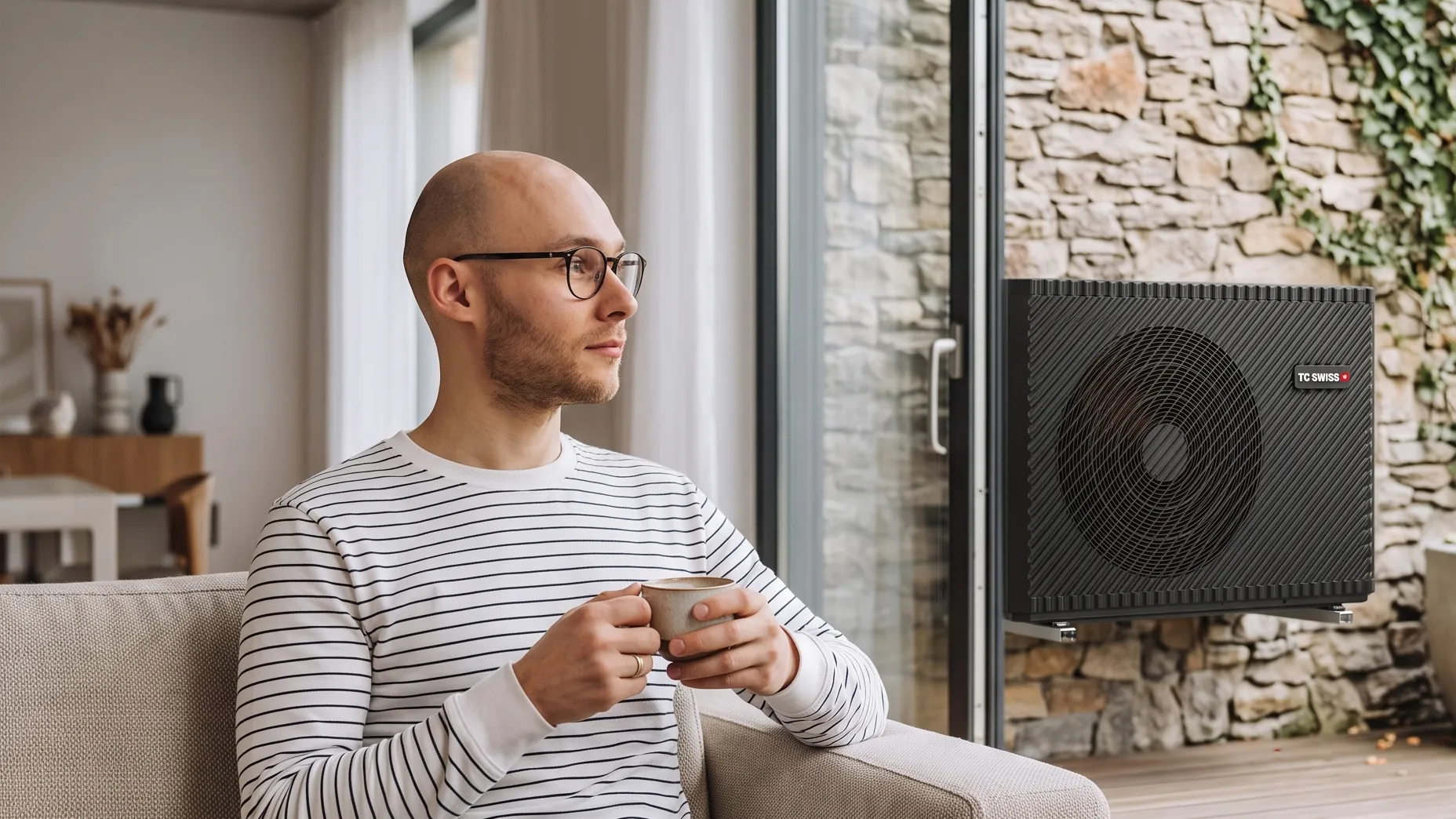 Bewoner met een kop koffie op de bank; buiten het raam staat een TC Swiss warmtepomp