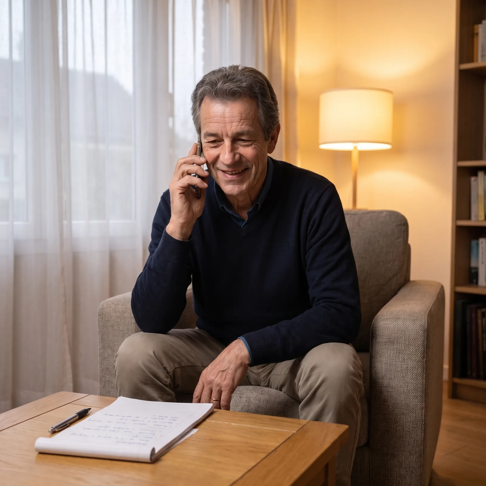 Oudere bewoner belt vanuit zijn stoel in de woonkamer