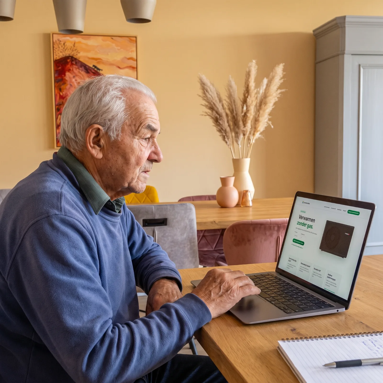 Bewoner aan de eettafel met de woningscan op zijn laptop