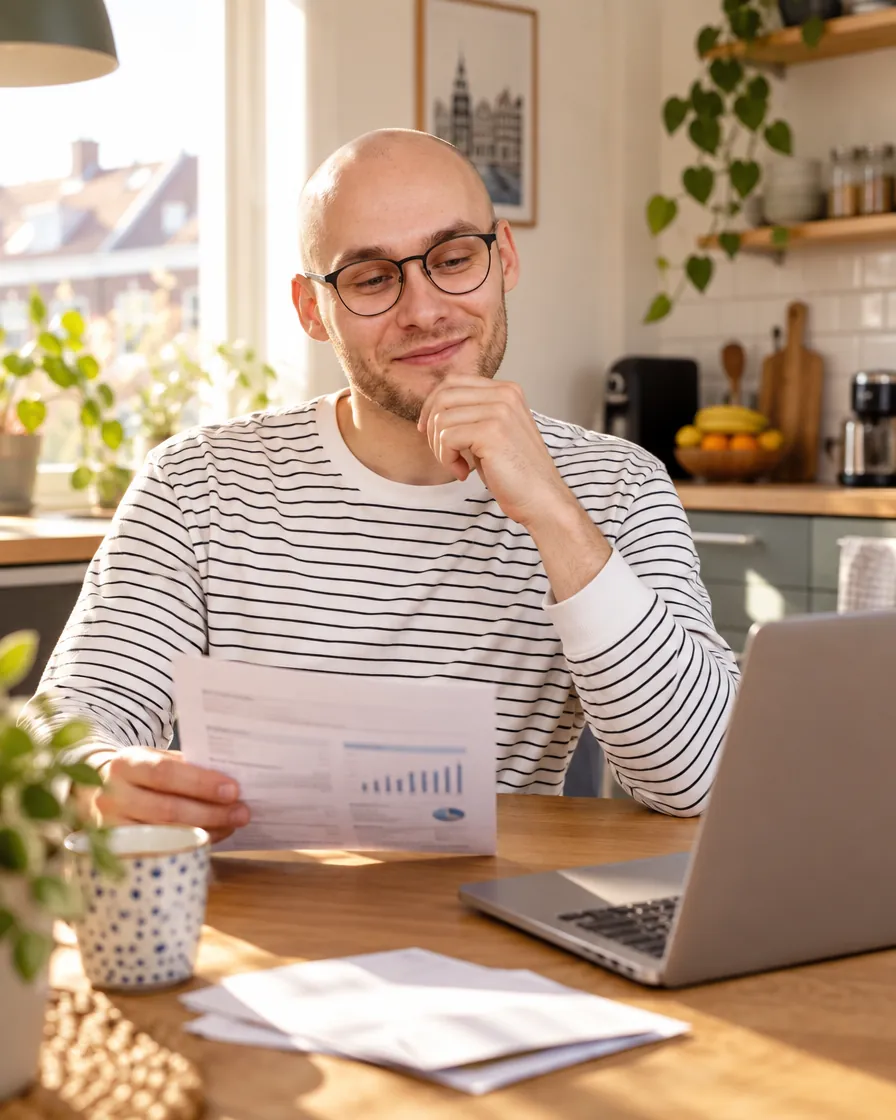 Bewoner aan de keukentafel met zijn energierekening naast de laptop