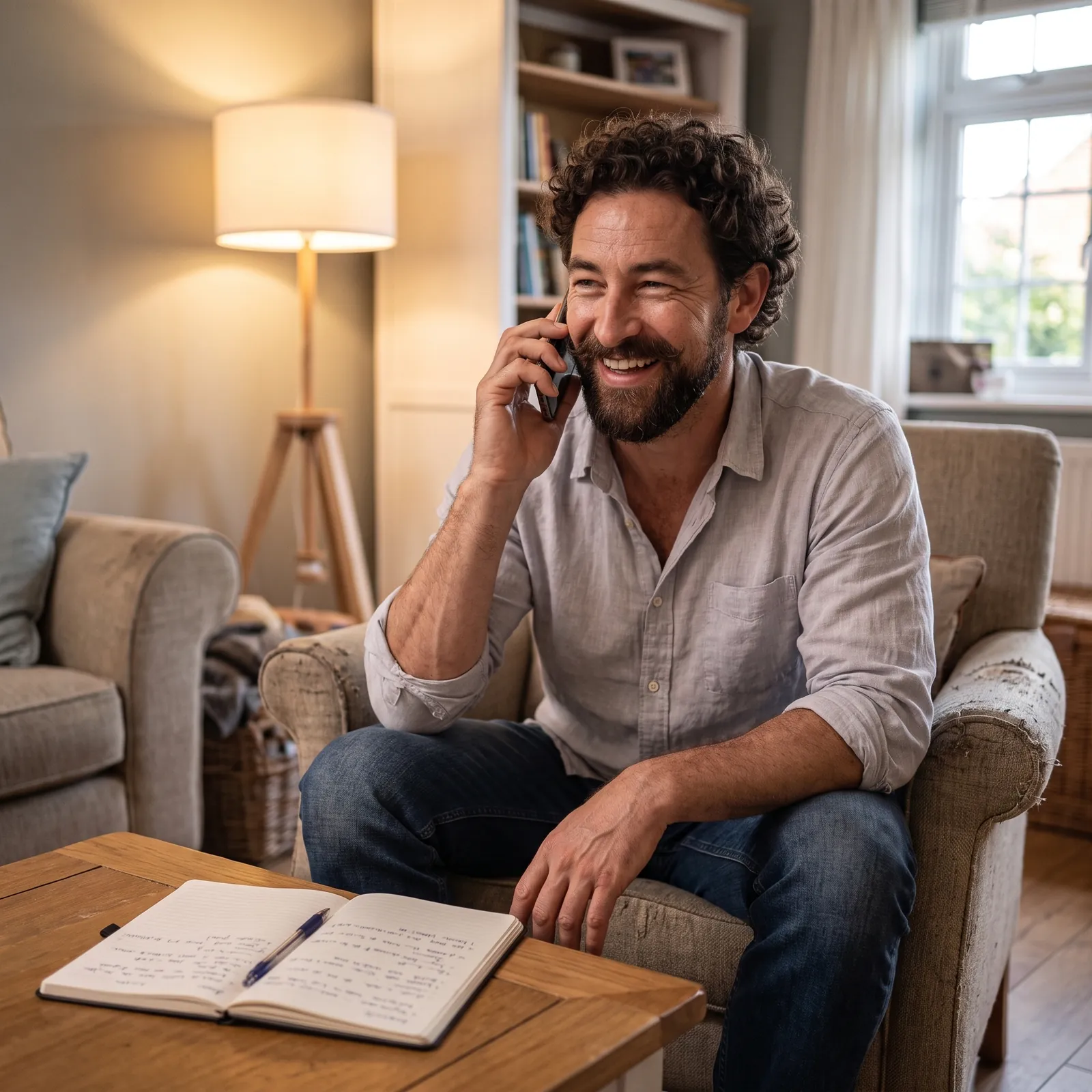 Bewoner in een stoel aan de telefoon met een notitieblok