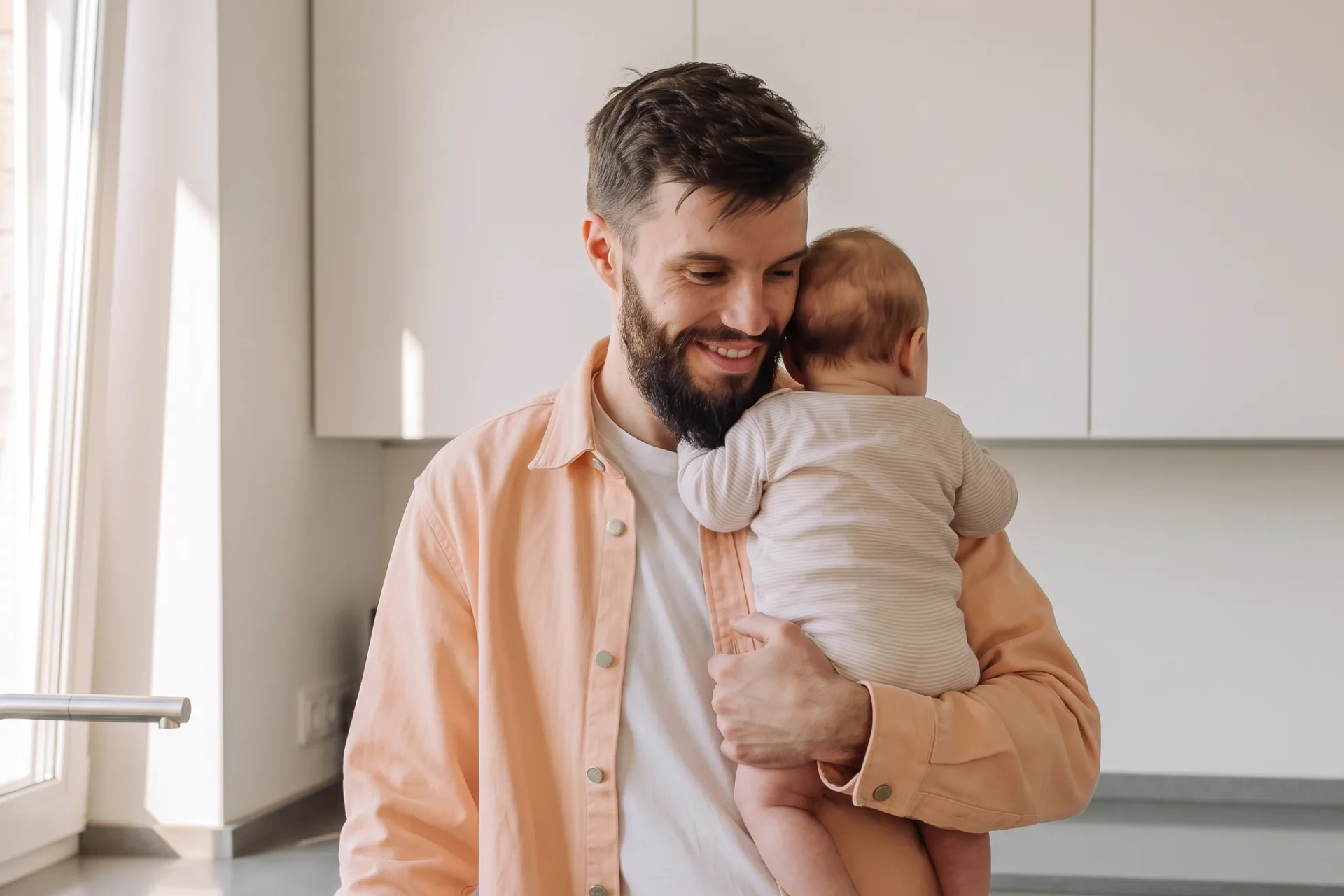 Vader met zijn baby op de arm in de keuken