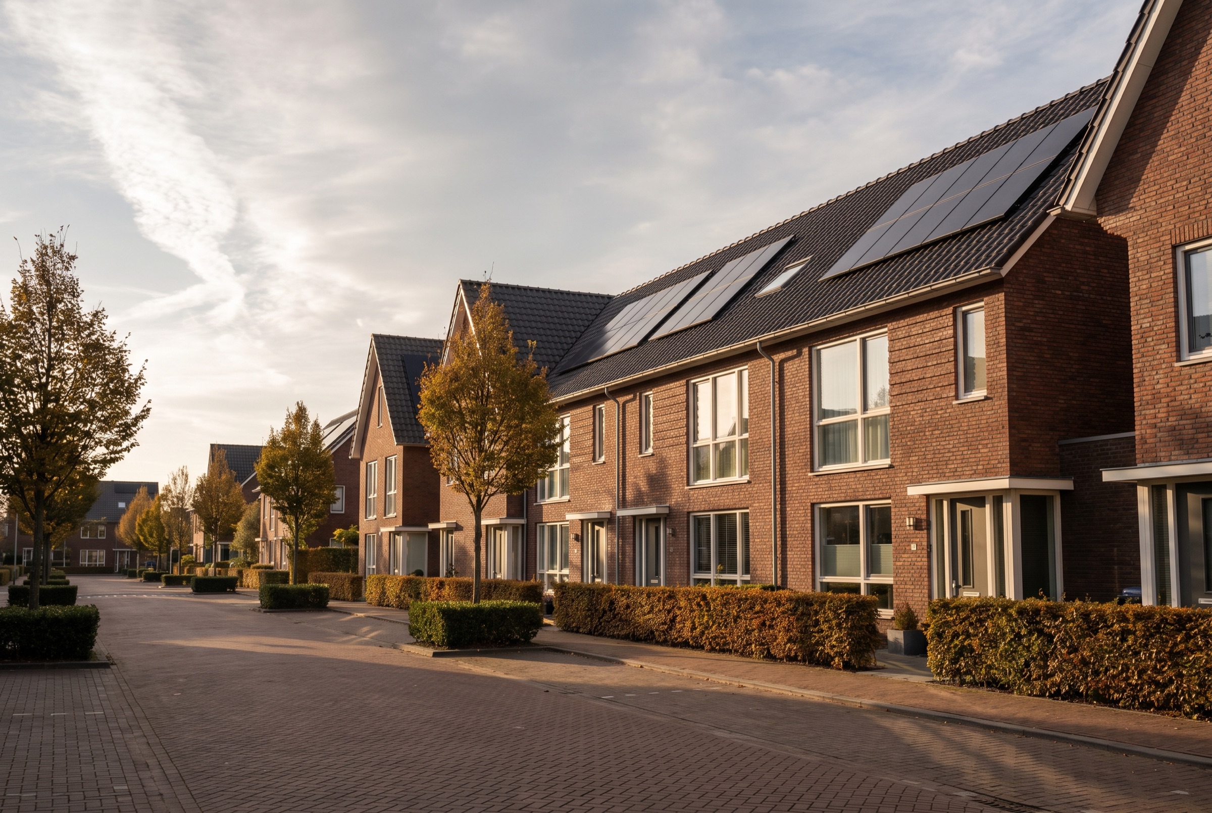 Nederlandse woonwijk met zonnepanelen op de daken, in warm licht